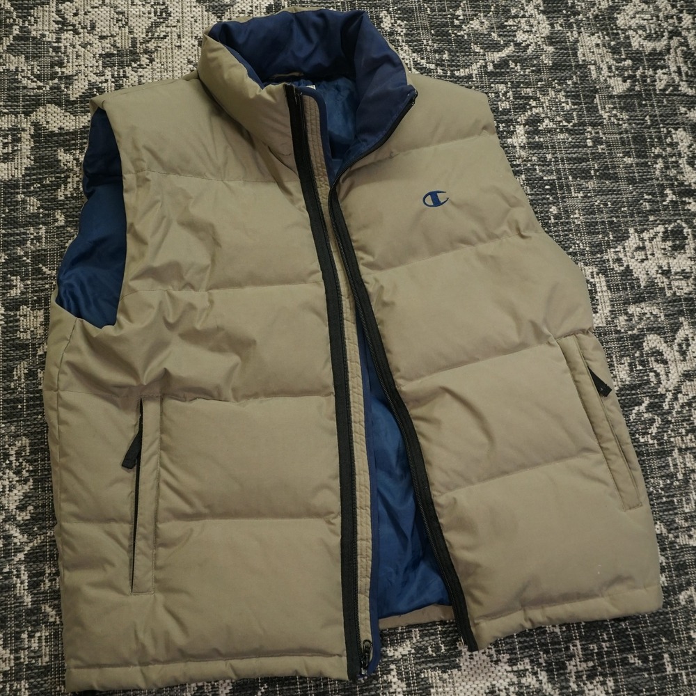 Champion Puffer Vest Mens XL Khaki Blue Retro Sleeveless Preppy Full Zip Jacket